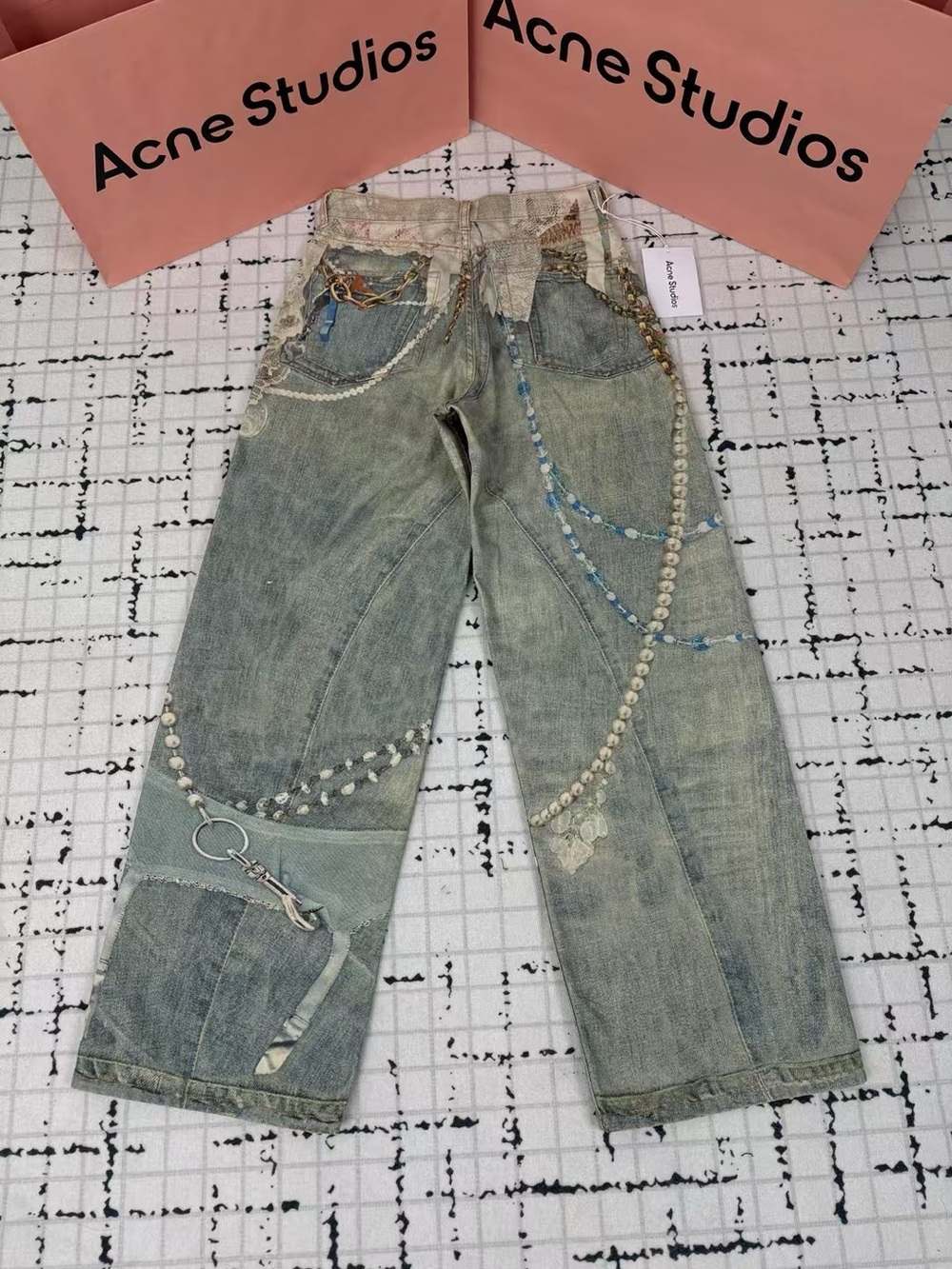 Acne Washed Green Beaded Wide-Leg Jeans